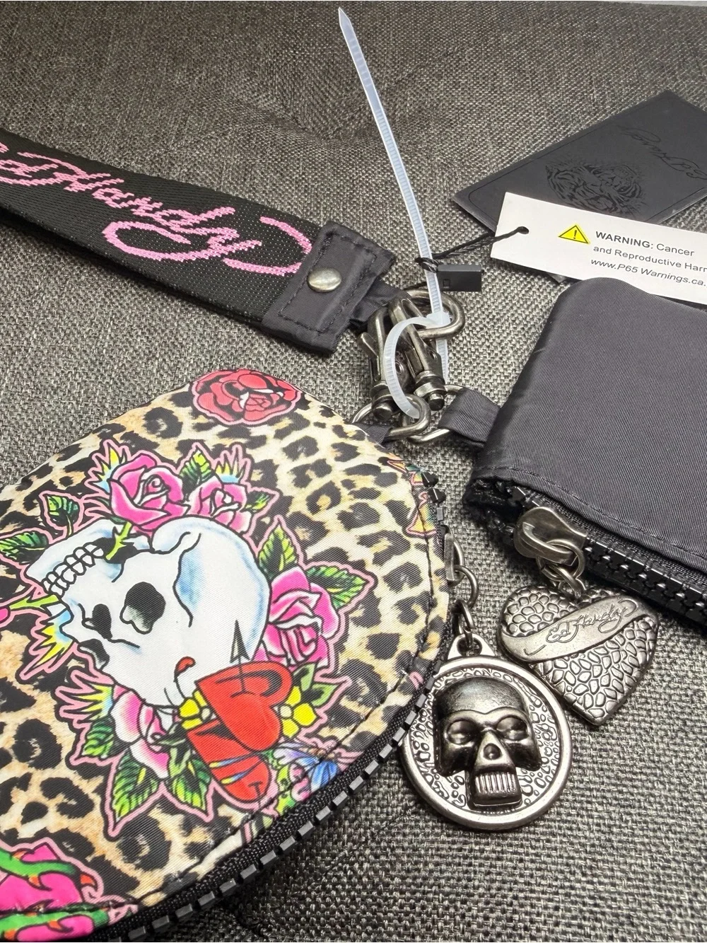 Ed Hardy Black and Pink Leopard Skull Wristlet Key & Card Holder